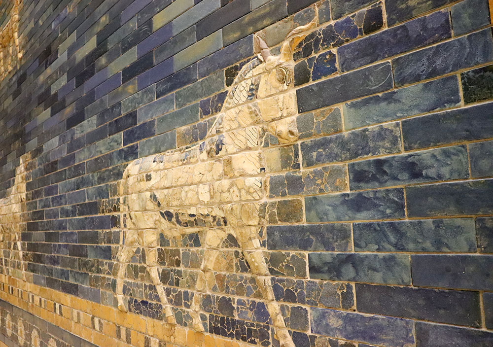 An auroch is depicted on the Ishtar Gate, constructed in 575 B.C. in the city of Babylon, now displayed in the Pergamon Museum in Berlin. (NCR photo/Teresa Malcolm)